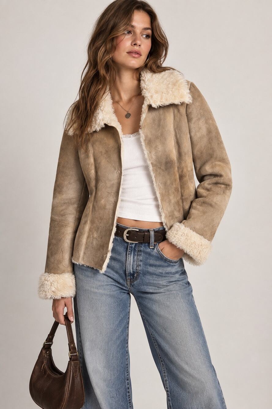 Express Vintage Y2K Genuine Suede Faux Shearling Penny Lane Jacket Size 11/12